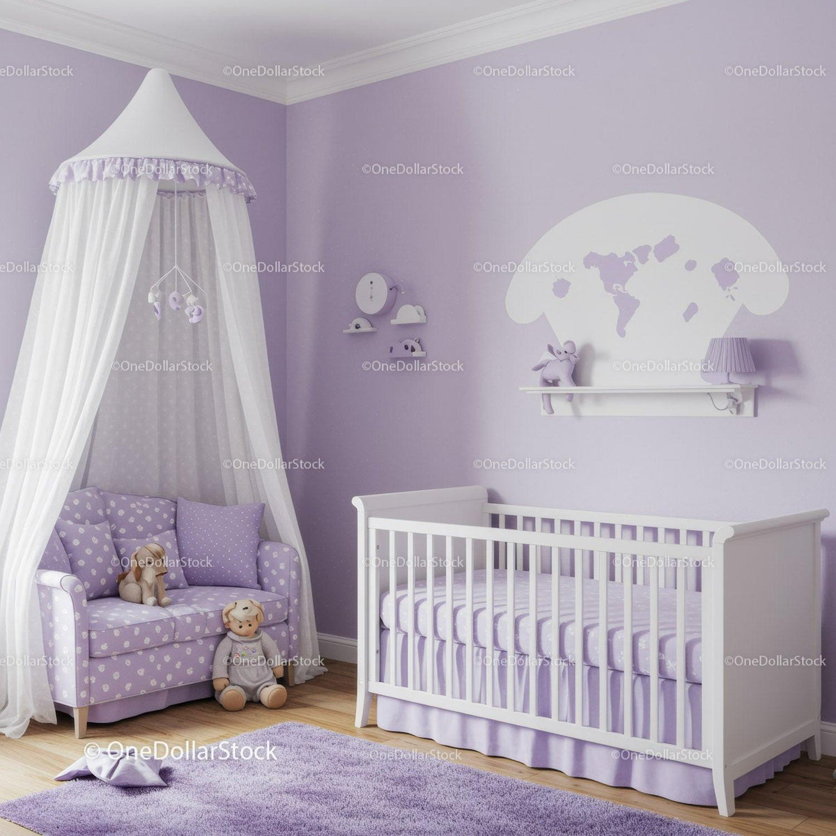 Lavender Nursery Room with Baby Crib and Plush Toys for Kids