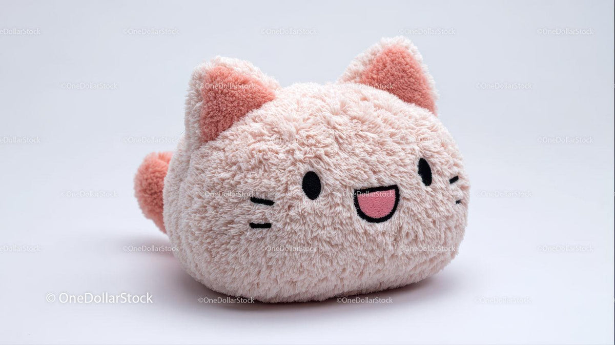Small pink plush cat toy with black eyes and smiling mouth on white background