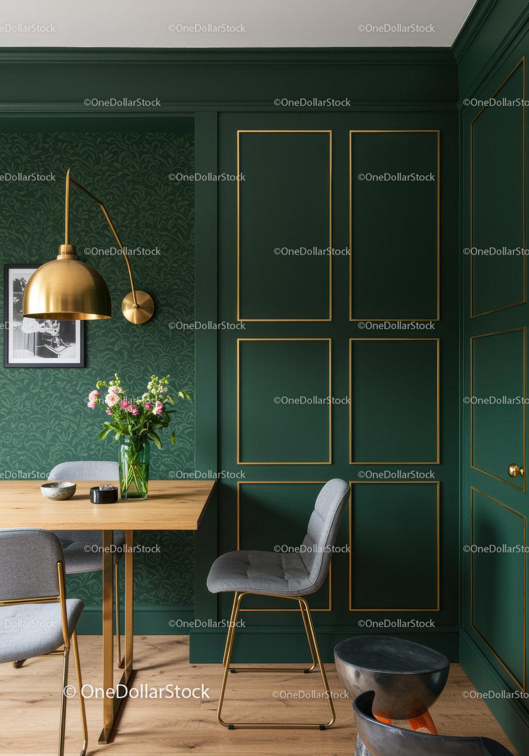 Elegant Green Wall Panels with Gold Accents in Modern Dining Room