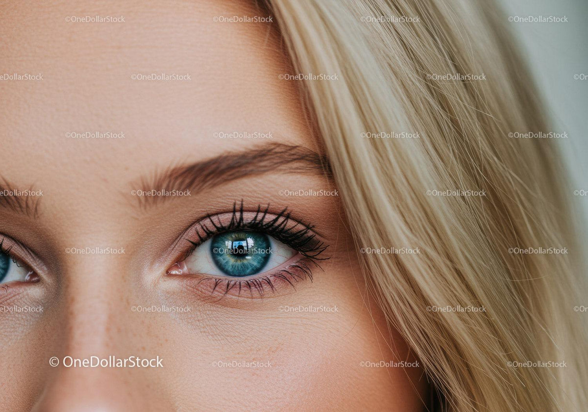 Close up of clear blue eye with natural makeup
