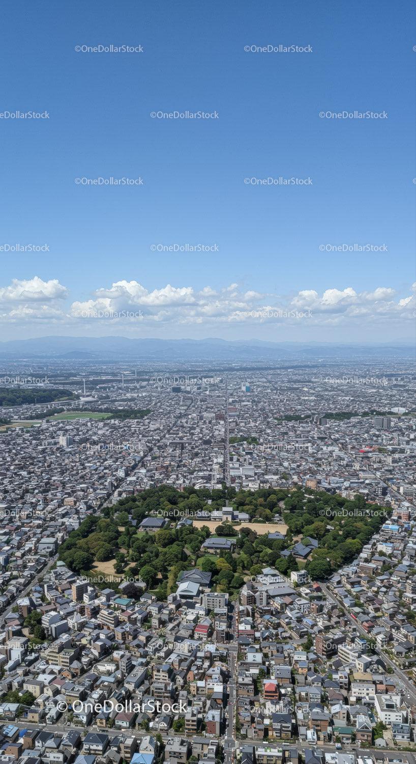 Aerial View of Dense Cityscape with Green Park and Blue Sky