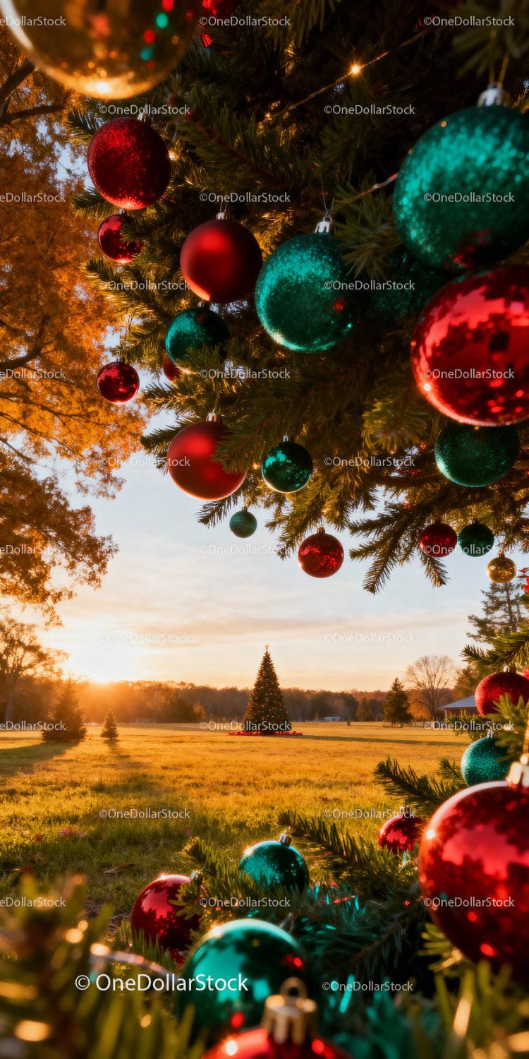 Christmas tree ornaments glowing in sunset light