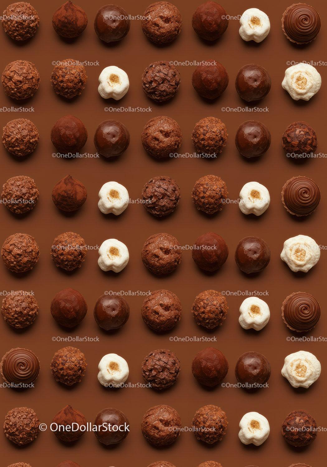 Assorted chocolate truffles arranged in neat rows