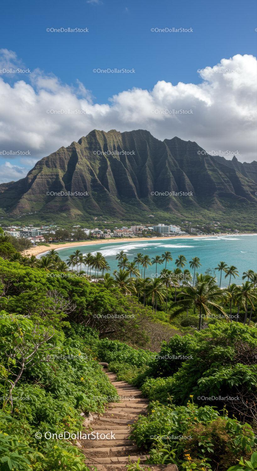 Tropical Mountain Range with Lush Forest and Beach Scene