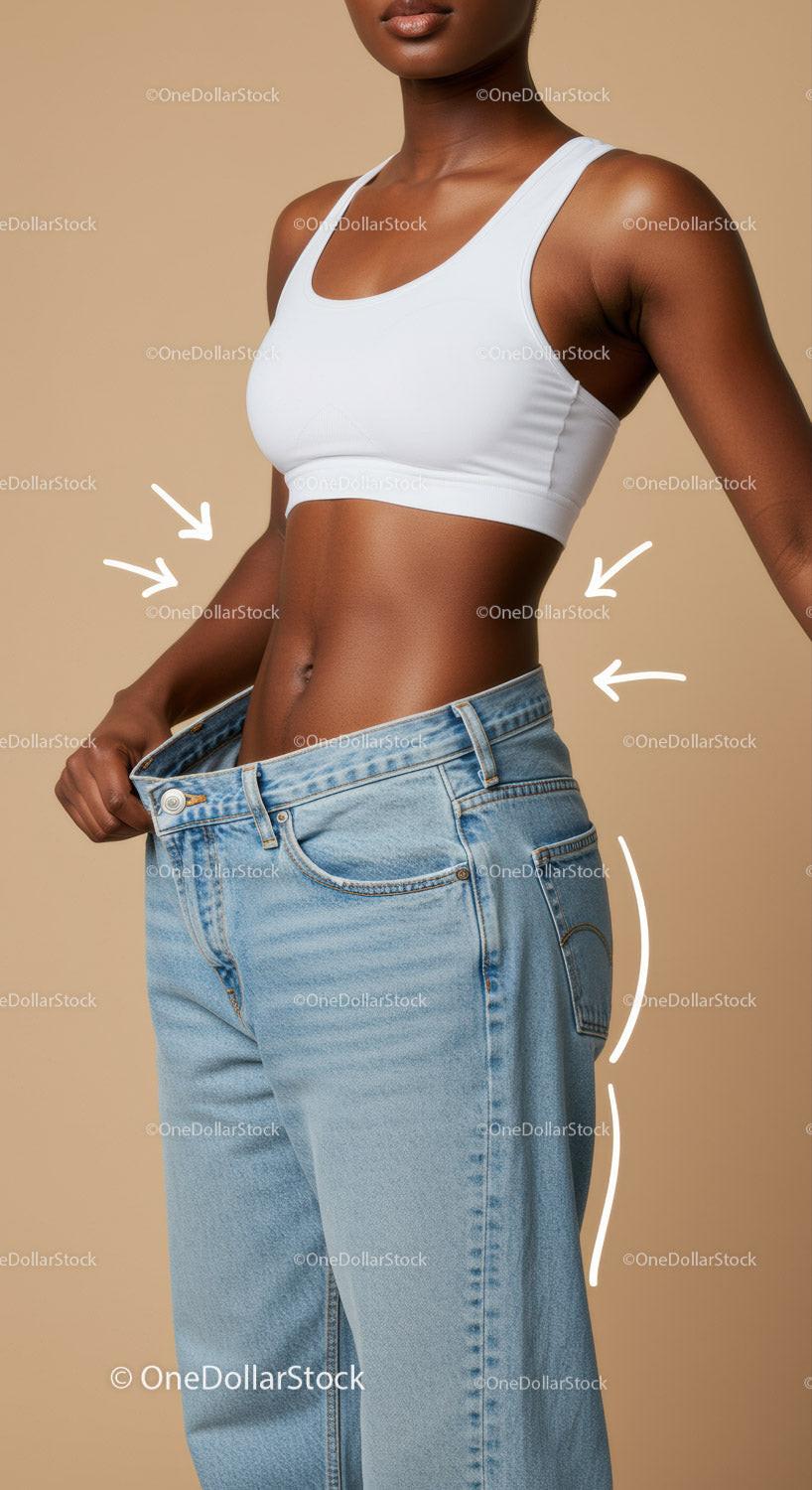 Elegant Woman Tying Denim Jeans on Beige Background