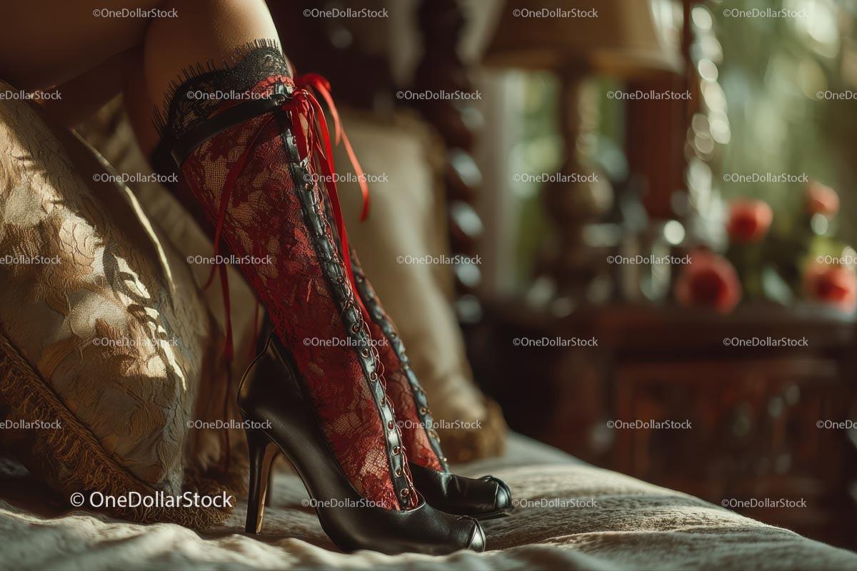 Chic Black Heels and a Red Lace Dress in a Cozy Bedroom Setting Stock Photo Bundle preview 57