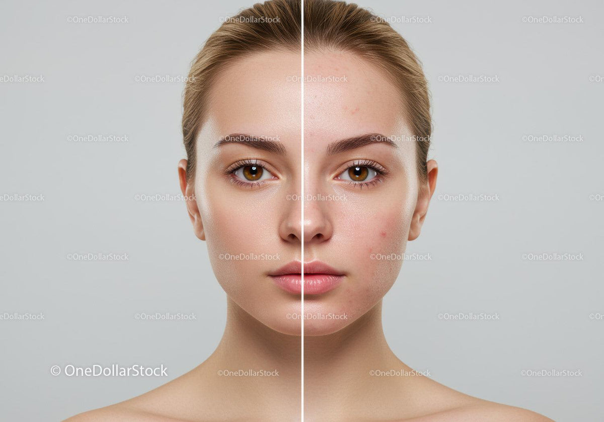 Close-up of a Young Woman’s Face Showing Skin Acne and Clear Skin