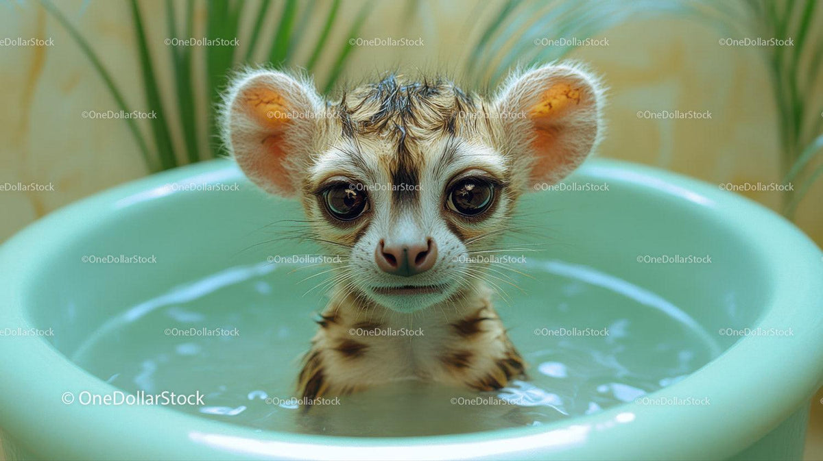 baby fennec fox with large ears sitting in green basin filled with water