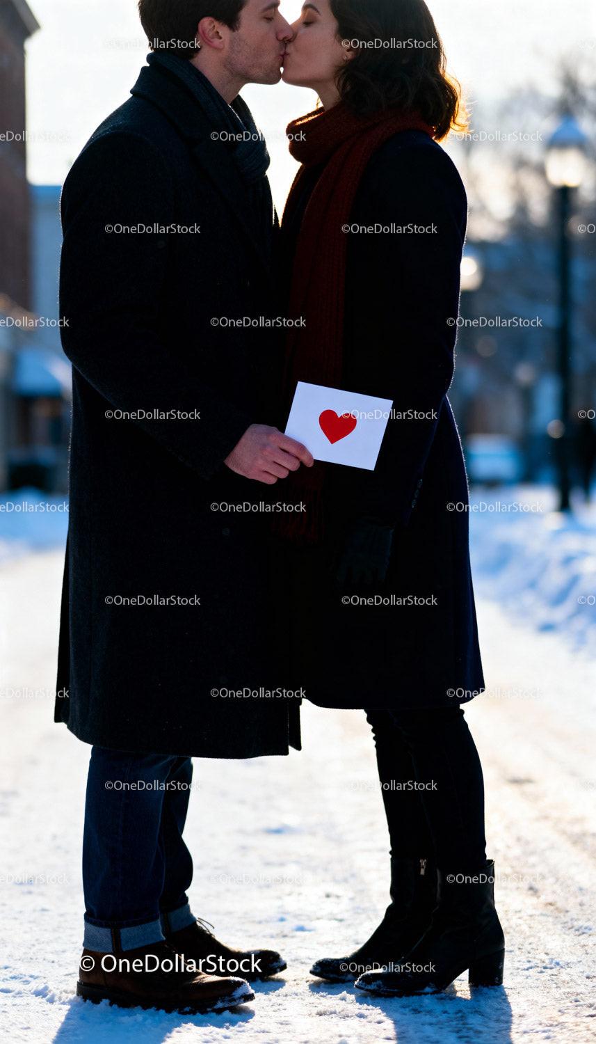 Couple sharing a tender kiss with Valentine card outdoors