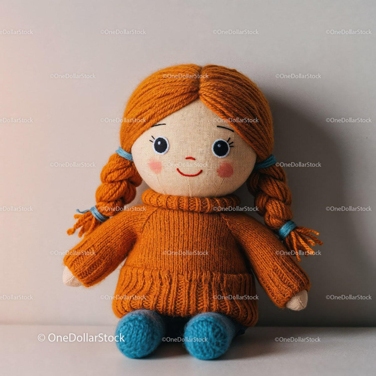 Handmade yarn doll with orange braided hair, knitted orange sweater, and blue shoes sitting upright