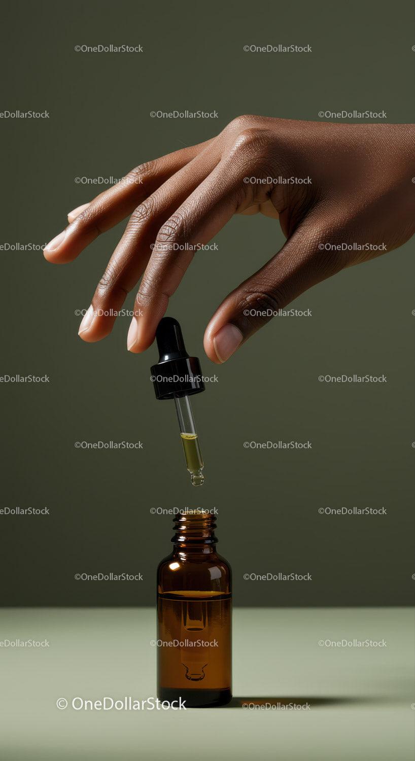 Hand Holding Glass Dropper and Amber Bottle for Natural Skincare JPG Mockup Image preview