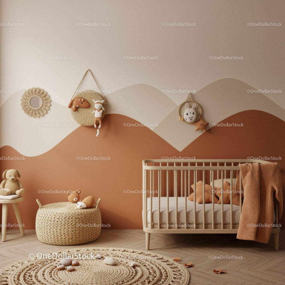 Stylish Nursery Room with Woven Wall Hangings and Plush Toys
