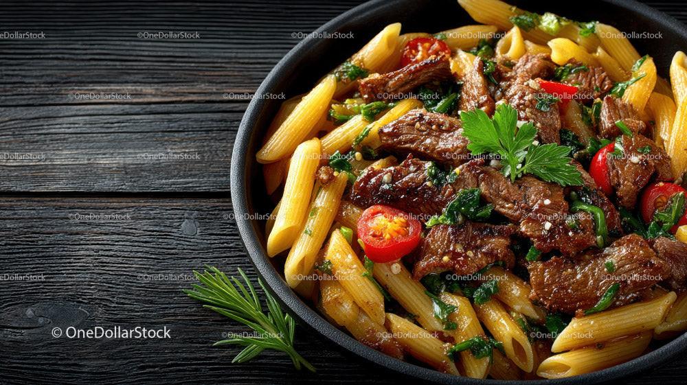 Hearty Beef and Cherry Tomato Pasta in Rustic Skillet Stock Photo Bundle preview 24