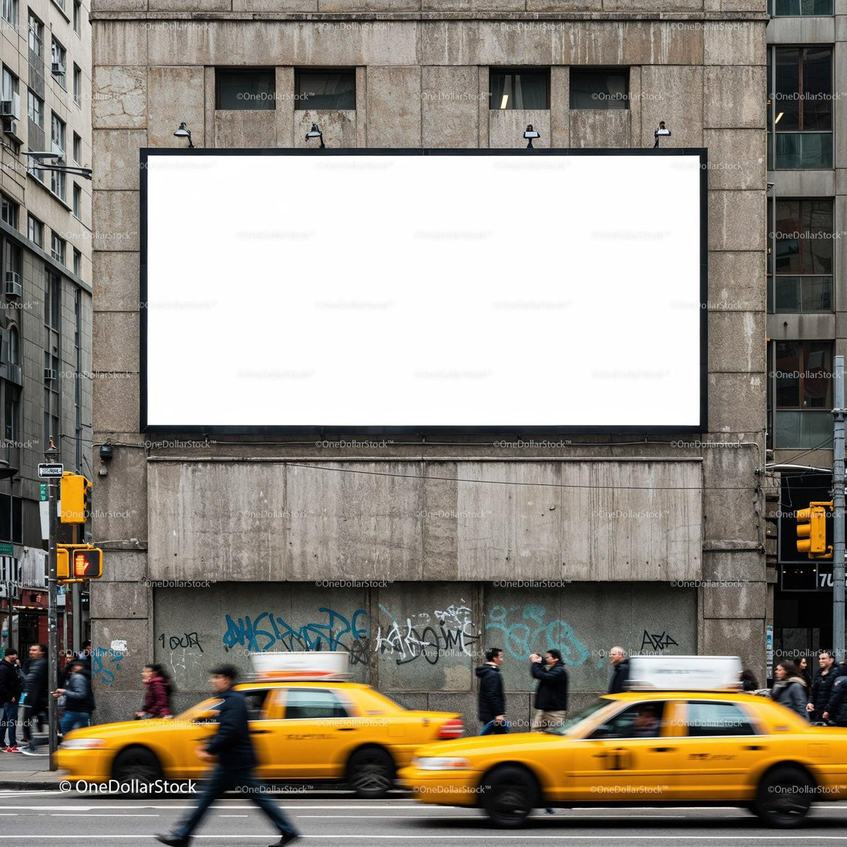 Busy urban street with yellow taxis and blank billboard JPG Mockup Image preview