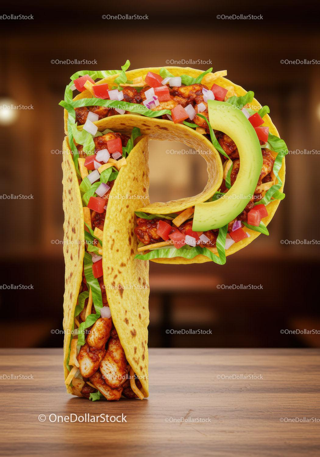 Letter P Shaped Taco Filled with Fresh Ingredients