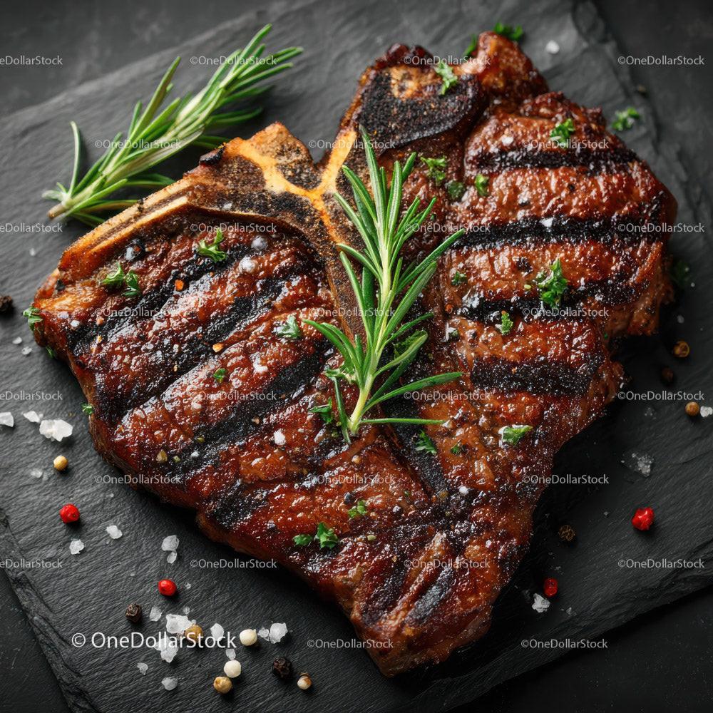 Gourmet Grilled Steak with Rosemary on Black Slate Plate Stock Photo Bundle preview 7