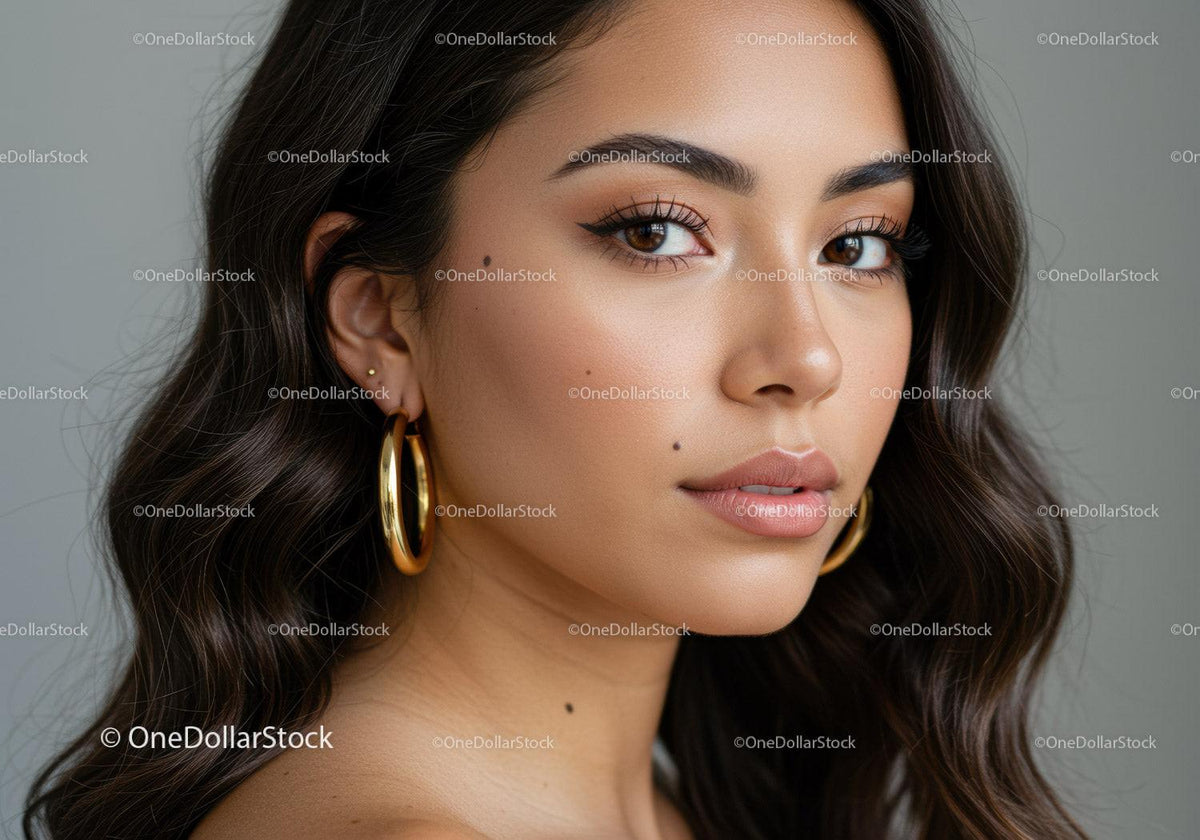 Portrait of a Beautiful Woman with Brown Eyes and Gold Earrings