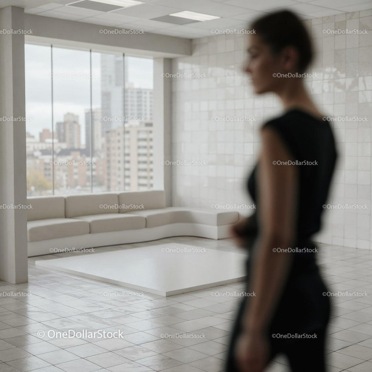 Blurred woman in modern minimalist living room interior JPG Mockup Image preview