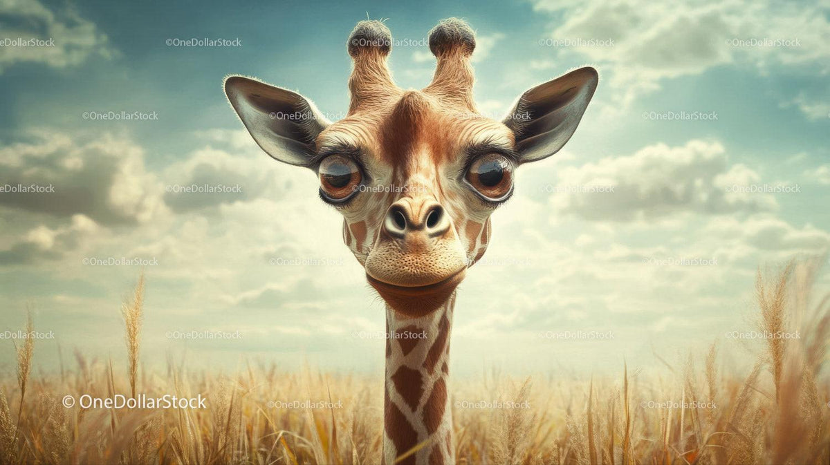 Giraffe head and neck standing in tall dry grass with cloudy sky behind