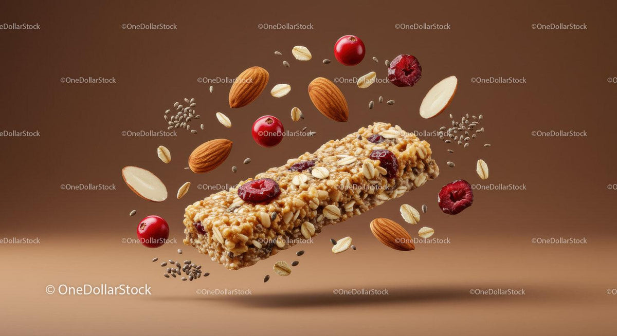 Healthy granola bar with almonds and cranberries floating
