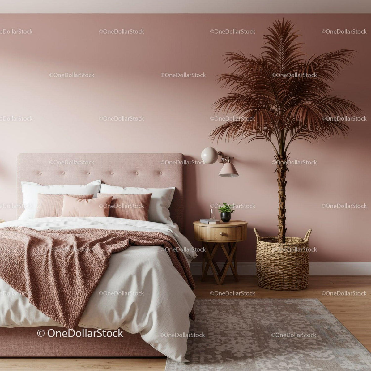 Modern Bedroom with Pink Wall and Large Indoor Palm Tree