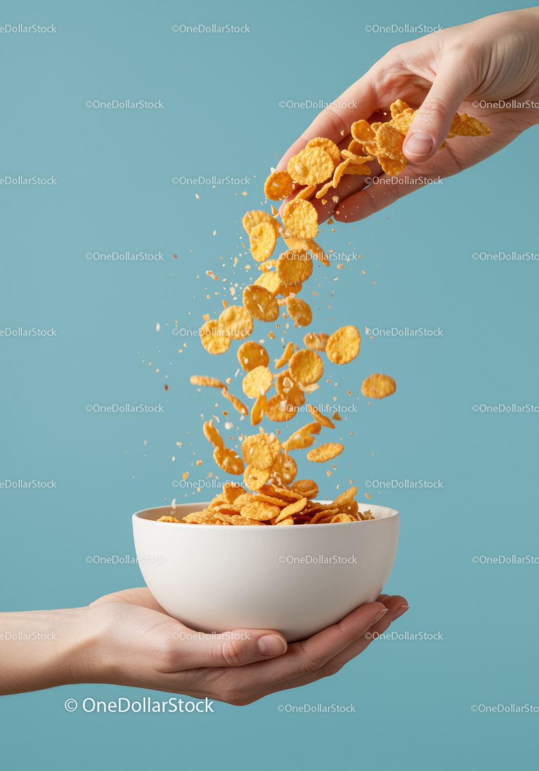 Hand Pouring Crunchy Cornflakes into White Bowl