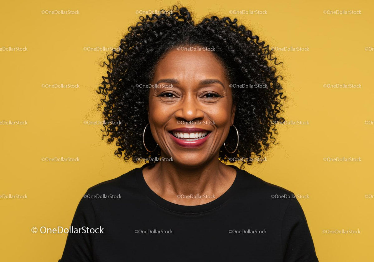 Professional Portrait of Smiling African American Woman with Curly Hair Against Yellow Background