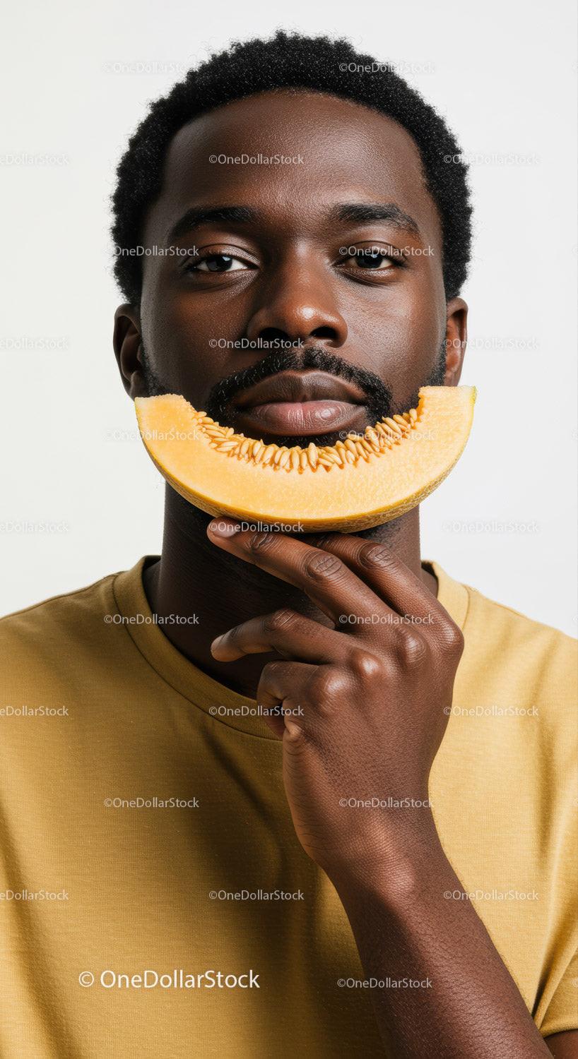 Portrait of a Man Holding a Slice of Cantaloupe Melon against White Background
