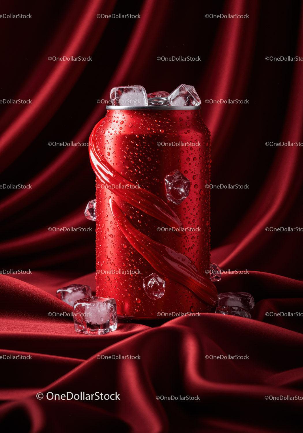 Chilled Red Soda Can with Ice on Velvet Fabric