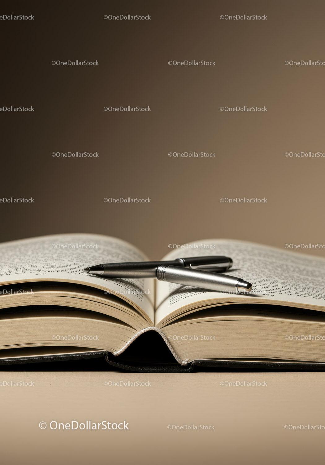 Open Book with Silver Pen on Desk Creating Study Atmosphere