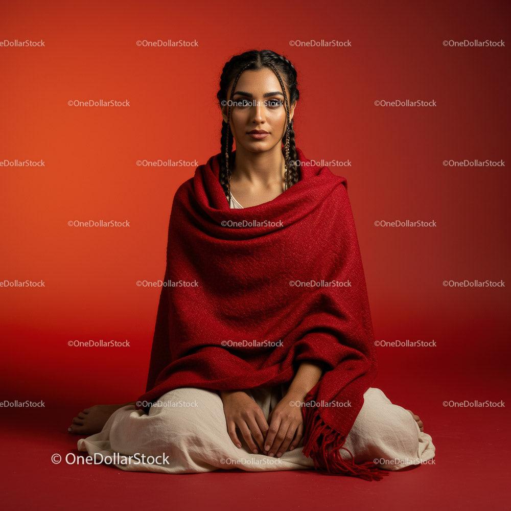 Elegant Woman in Red Shawl Posing Against Vibrant Background Stock Photo Bundle preview 8
