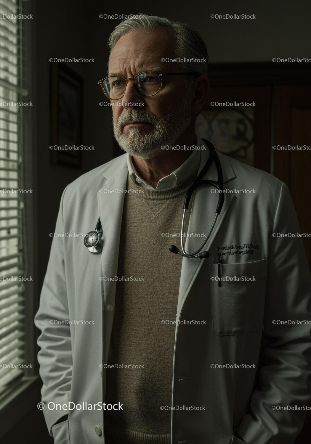 Senior Male Doctor in White Coat with Stethoscope in Medical Office