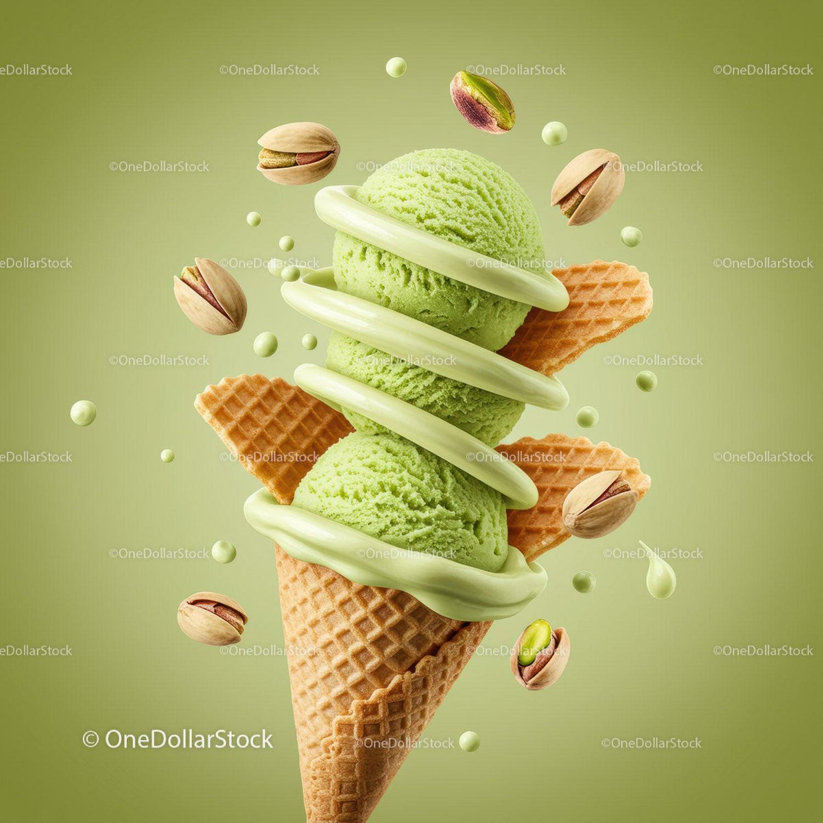 Refreshing pistachio ice cream with crunchy waffle cone