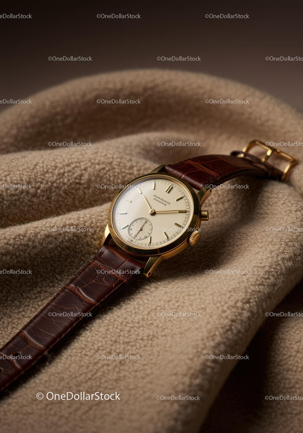 Elegant Gold and Leather Men's Wristwatch on Soft Fabric Surface