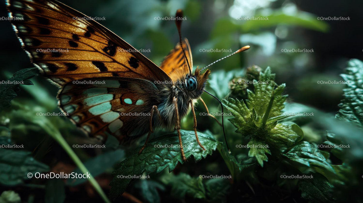 Close-up of a Vibrant Orange Butterfly on Green Foliage in Forest