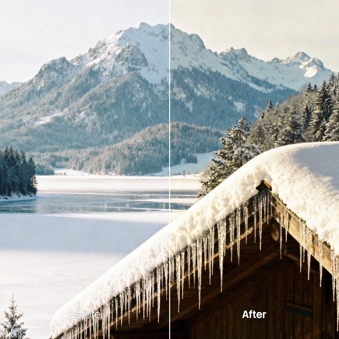 Before and after Snowy Cabin Glow LUT Pack effect