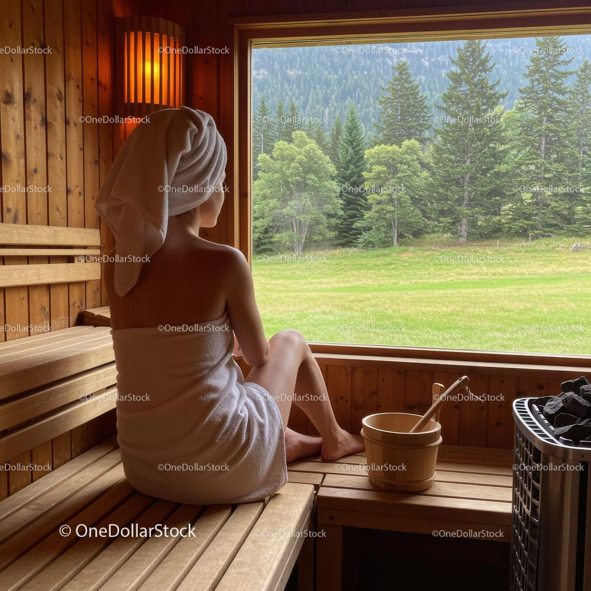 Woman Relaxing in Wooden Sauna with Forest View and Green Landscape