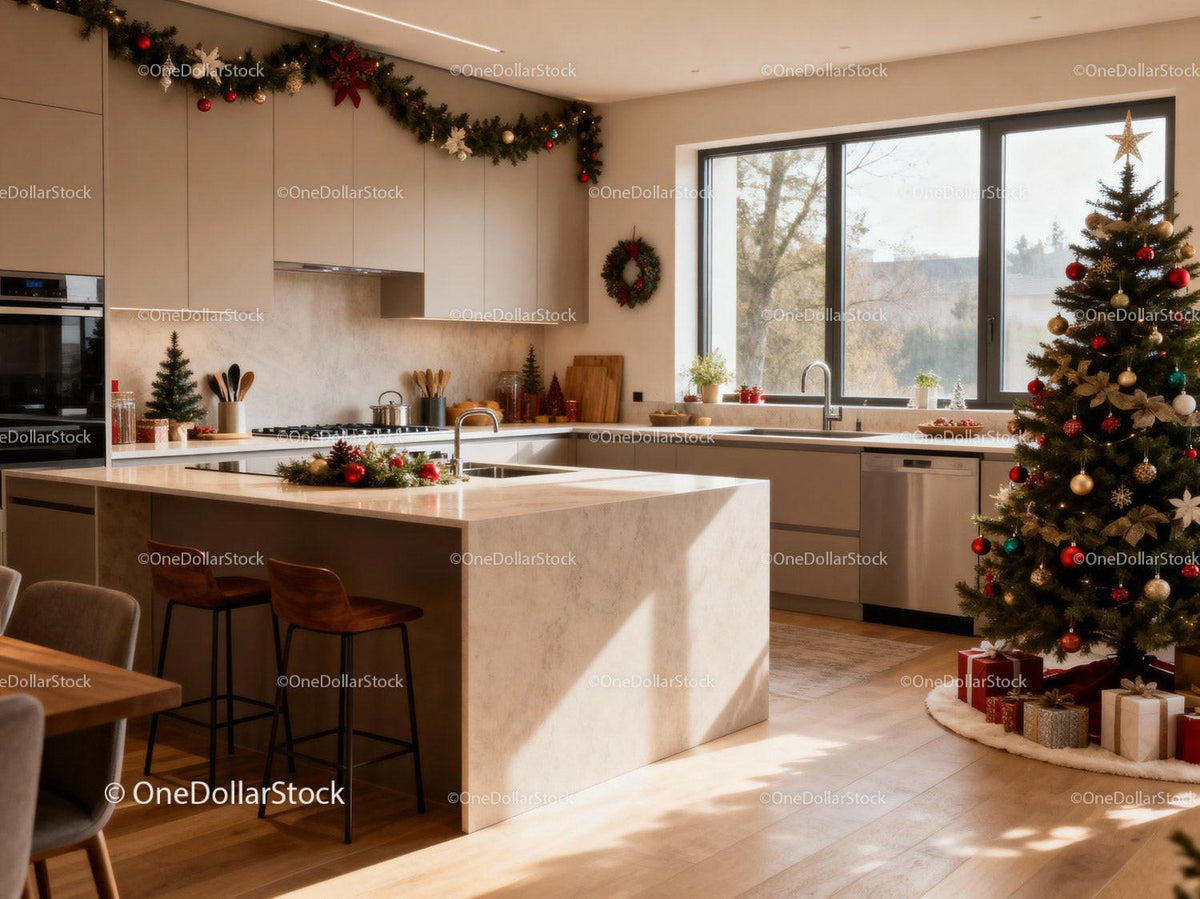 Cozy modern kitchen with elegant Christmas decorations