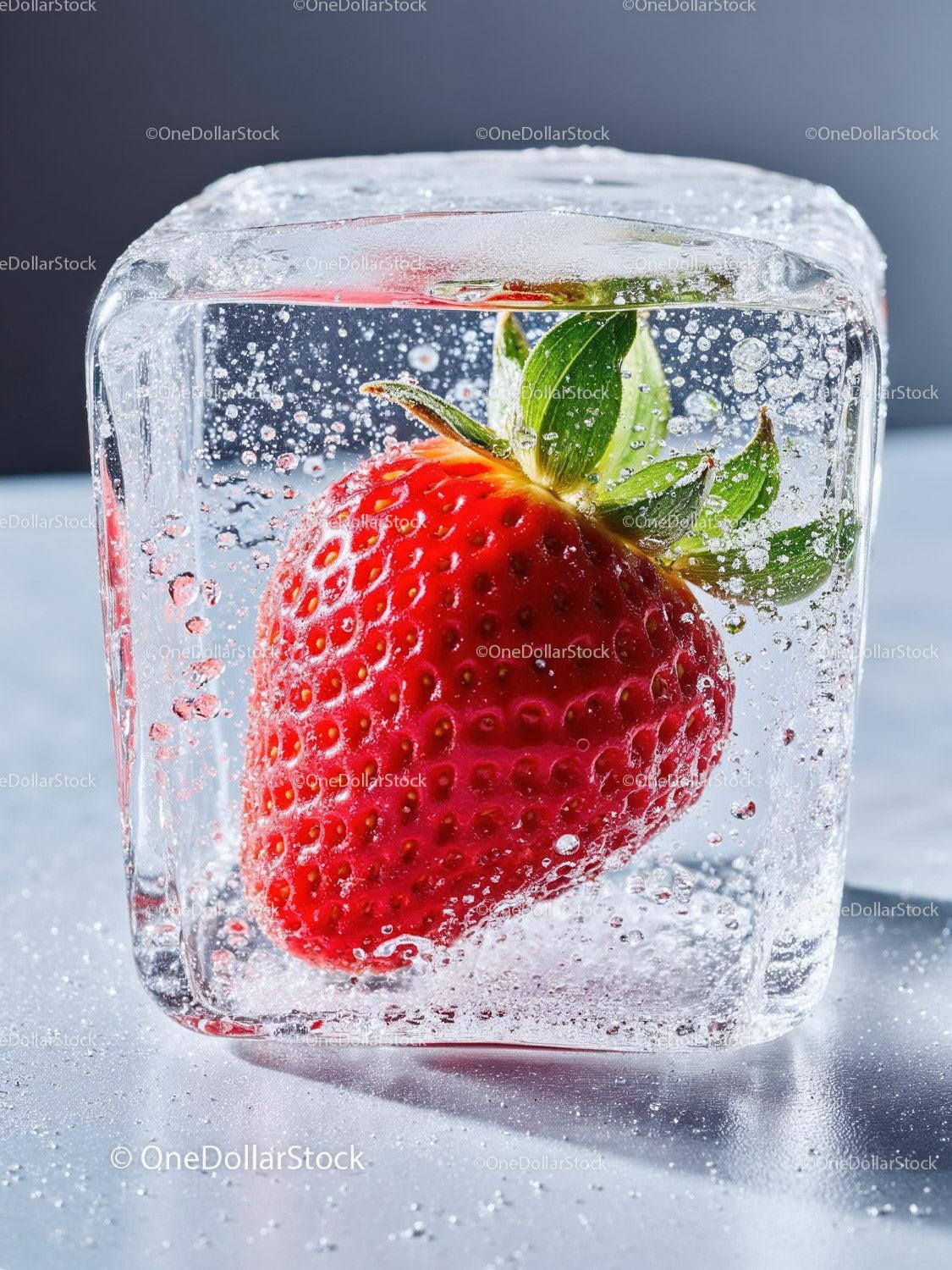 Fresh strawberry frozen inside a clear ice cube