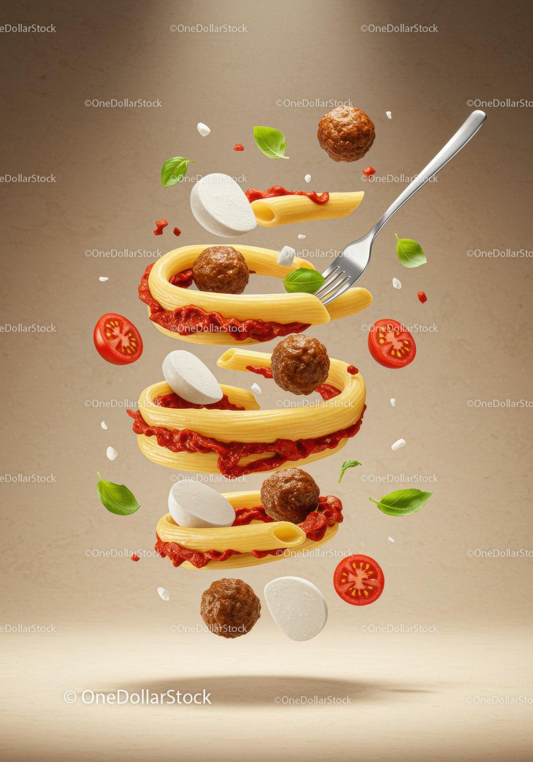 Floating rigatoni pasta with meatballs and fresh ingredients