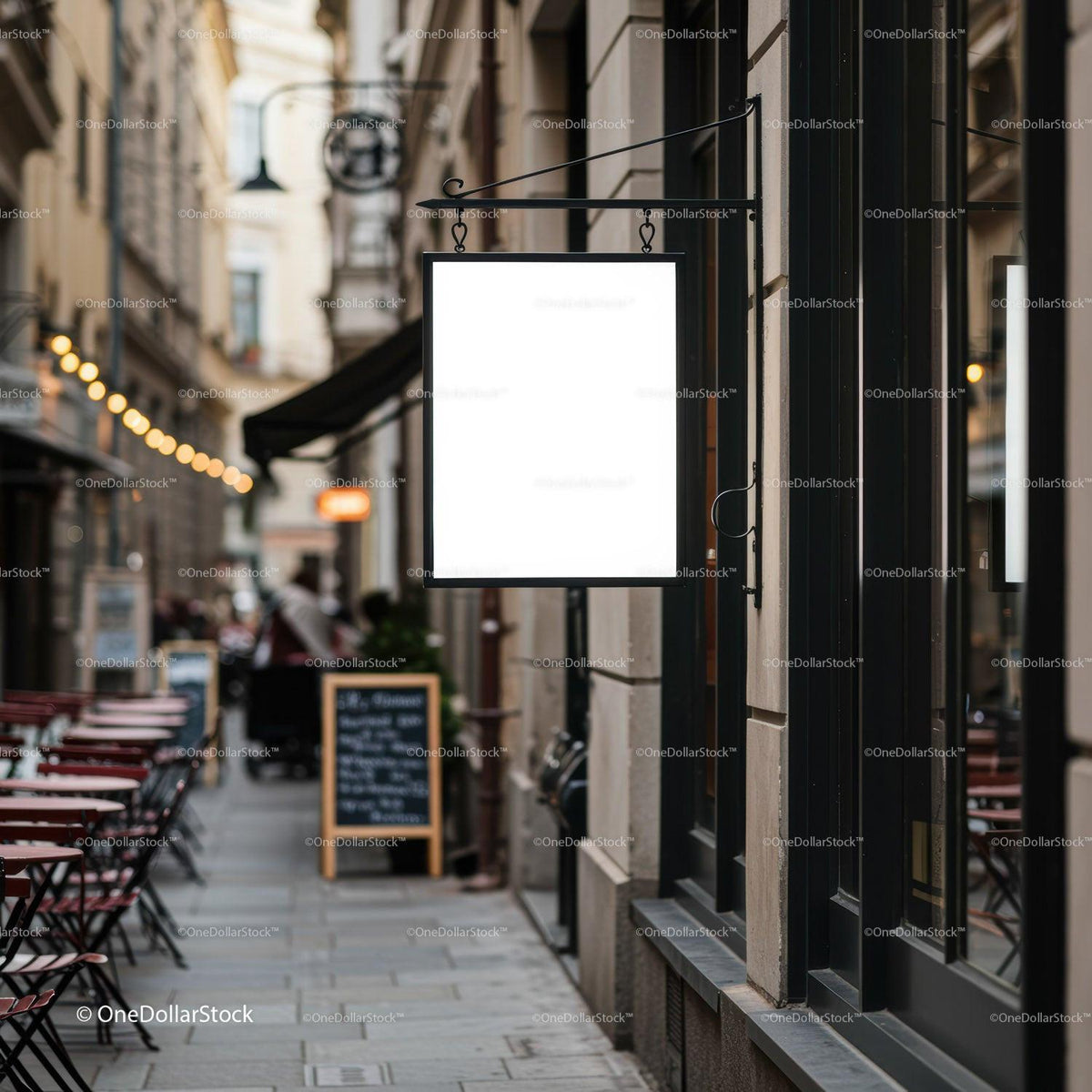 Empty cafe street with blank hanging signboard in city JPG Mockup Image preview