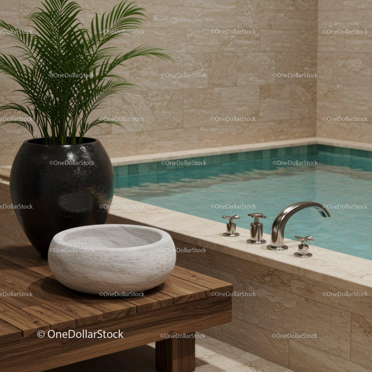 Luxurious Indoor Poolside Scene with Stone Bathtub and Green Plant