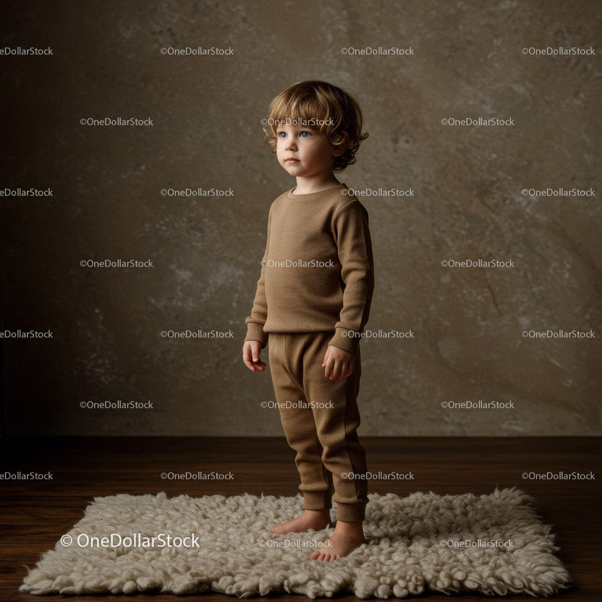 Young toddler boy standing barefoot on cozy rug indoors
