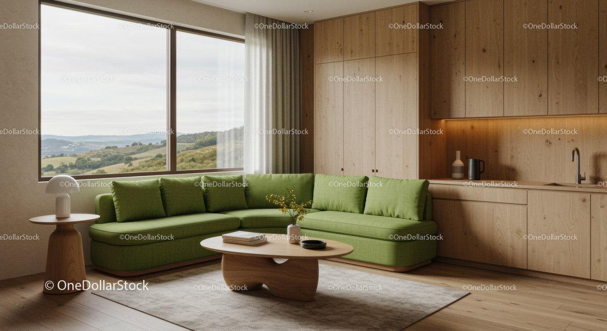 Cozy living area with green sofa and natural wood finishes