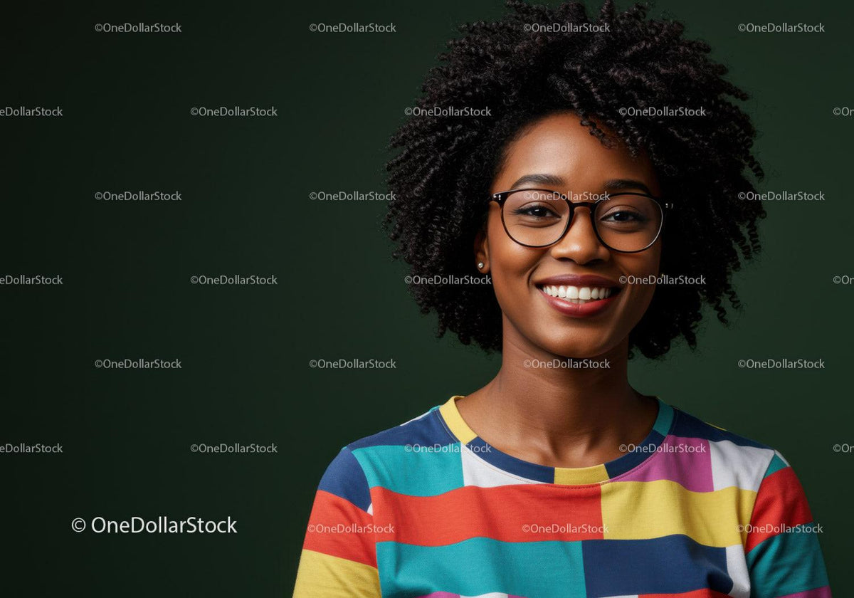 Bright Smiling Woman with Curly Hair and Colorful Shirt
