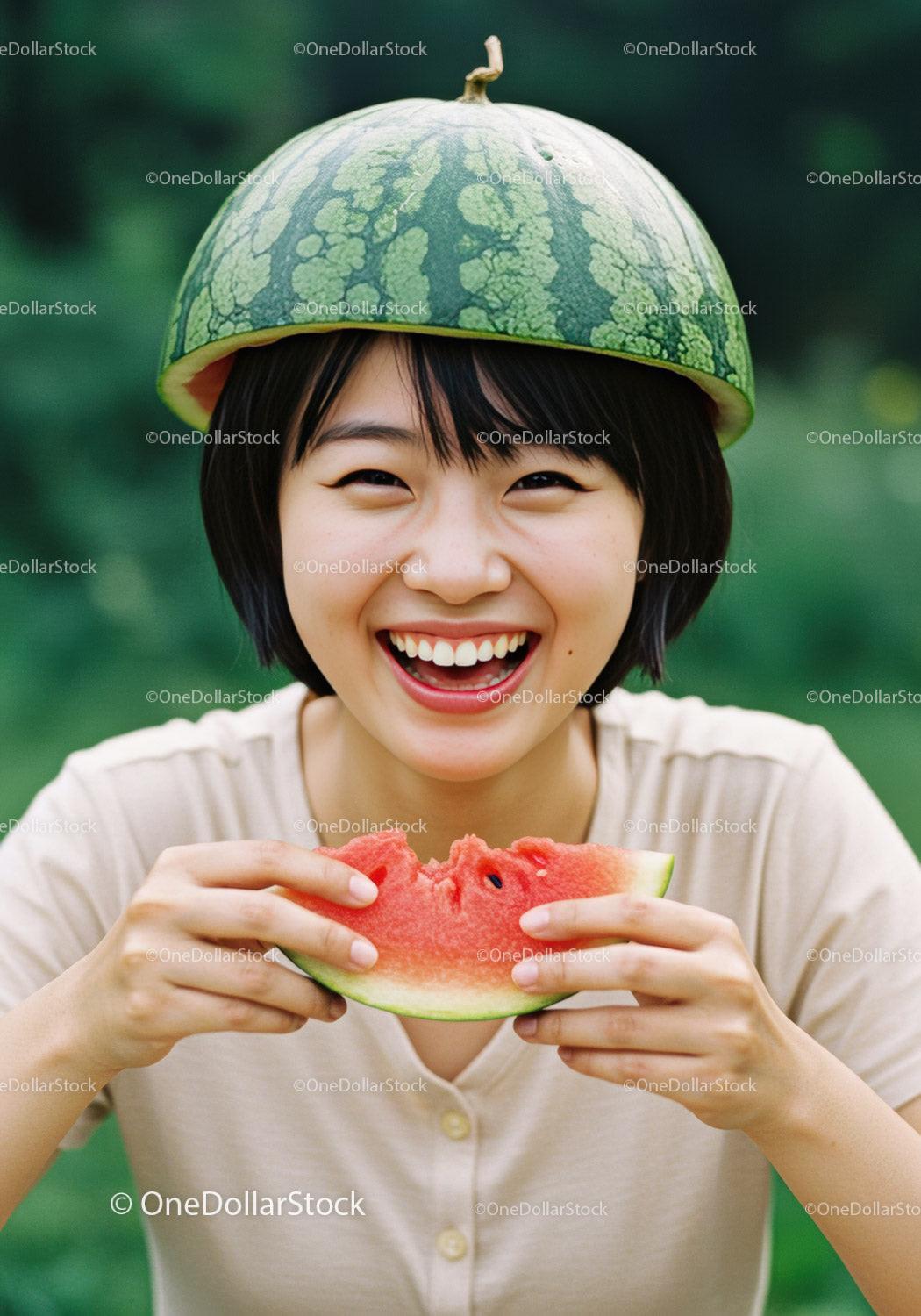 Young woman enjoying fresh watermelon with playful helmet