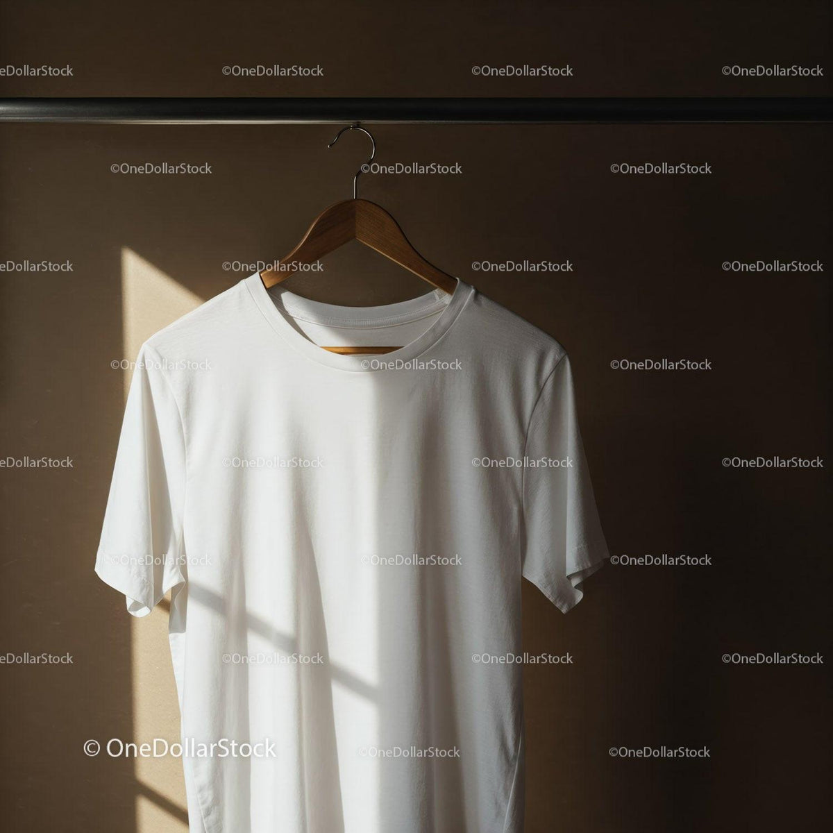 Minimalist White T Shirt Hanging on Wooden Hanger JPG Mockup Image preview