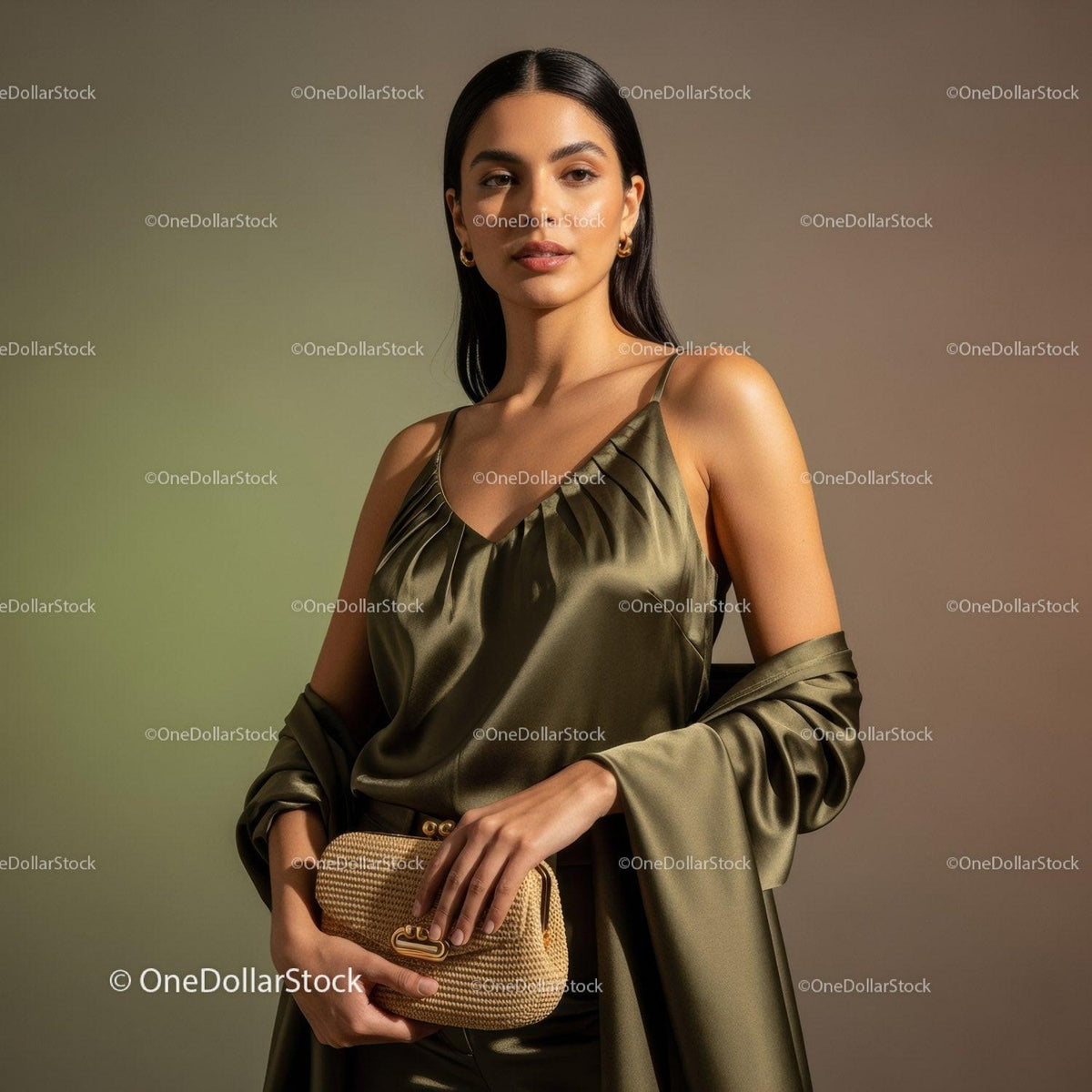Elegant Fashion Model Wearing Satin Dress with Handbag in Studio