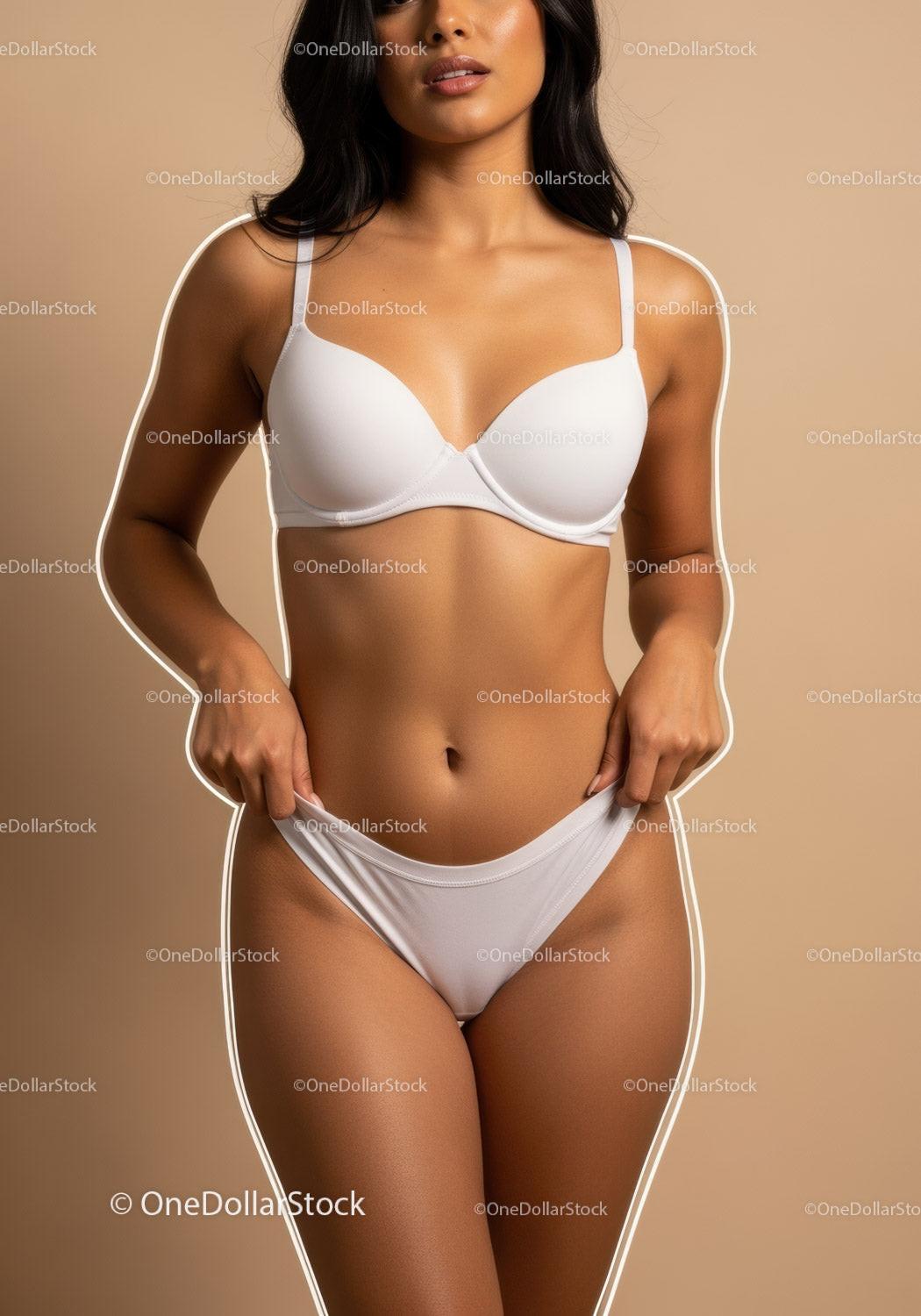 Elegant Woman in White Lingerie Beautifully Posed Against Beige Background