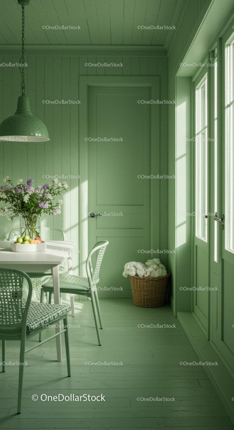 Bright Modern Kitchen with Green Walls and Sunlit Dining Area